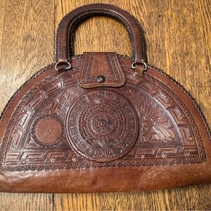 Vintage Brown Leather Hand-Tooled Handbag
